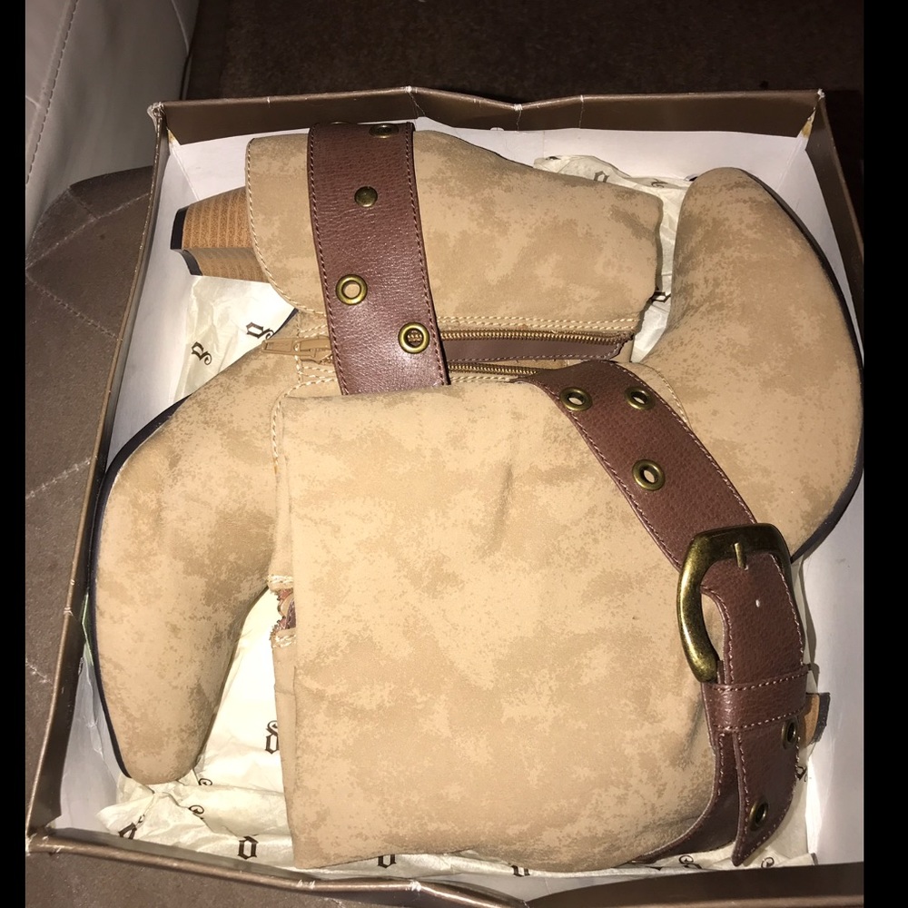 Tan “Folded” Boots with Buckled Strap